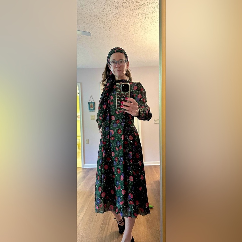 80s Vintage Pauline Trigère Midi Dress with Matching Scarf, Modern S